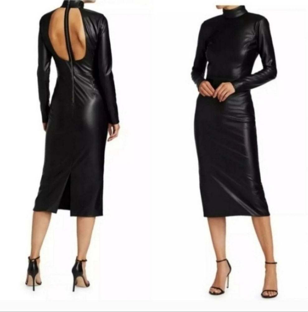 ALICE + OLIVIA DELORA VEGAN LEATHER MOCKNECK MIDI DRESS SIZE 4 - Picture 10 of 15